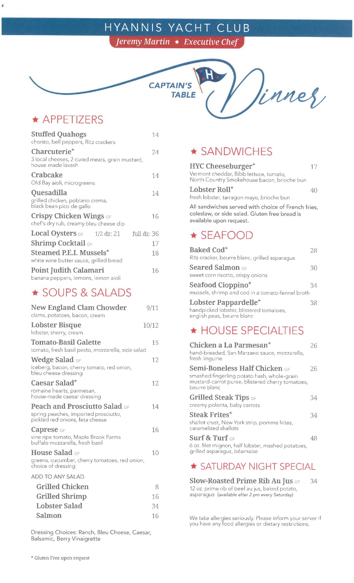 hyannis yacht club lunch menu